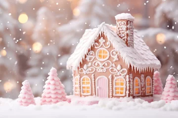 Fotobehang Christmas snowy background, winter landscape with gingerbread house, candy land © Jasmina