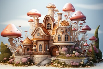 Fairy tale-style minimal cute house with gingerbread trim, a winding path, and fireflies in the garden, Generative AI - obrazy, fototapety, plakaty