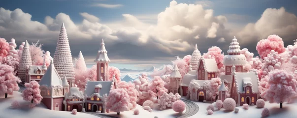 Rolgordijnen Christmas snowy background, winter landscape with gingerbread house city, candy land © Jasmina