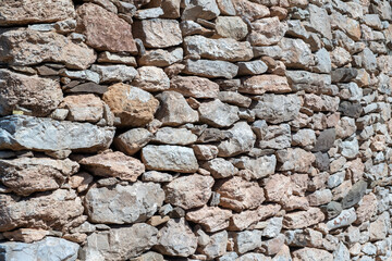 Rocky empty wall construction background texture. Old stonewall, blank masonry backdrop. Copy space
