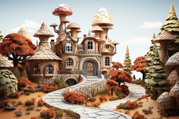 Fairy tale-style minimal cute house with gingerbread trim, a winding path, and fireflies in the garden, Generative AI - obrazy, fototapety, plakaty
