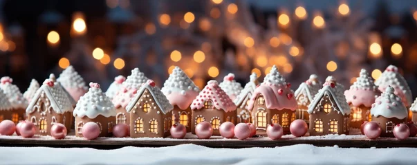 Schilderijen op glas Christmas snowy background, winter landscape with gingerbread houses, candy land © Jasmina