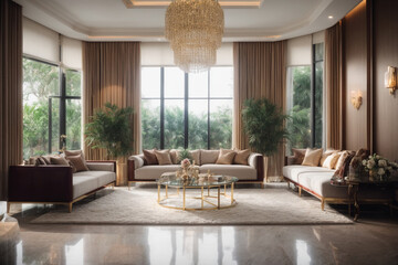 modern interior luxury drawing room, elegant sofa set table, outer swimming pool night view