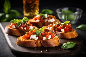 bruschetta with goat cheese garnished with fresh basil leaves