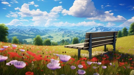 A field of vibrant wildflowers swaying in the breeze under a bright blue sky, with a solitary bench overlooking the scenery, inviting a sense of peace and reflection