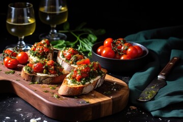 herby bruschetta with blistered cherry tomatoes on a glass table