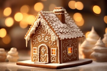 Gingerbread house with icing standing on table with candles and decorations. Holiday mood