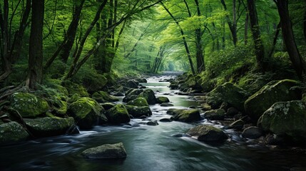 Fototapeta premium A lush, green forest with a clear, babbling stream meandering through the trees, where the sound of water and birdsong provides a serene escape from daily stressors