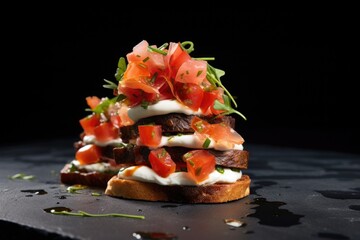 stack of bruschetta with mozzarella on black slate board