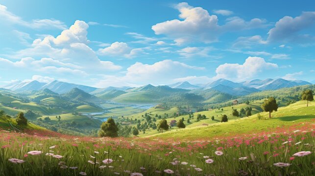 A peaceful countryside scene with rolling hills, blooming wildflowers, and a clear blue sky, where the simple beauty of nature invites you to unwind and reduce stress