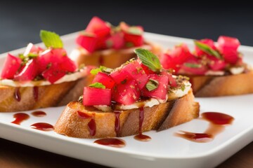 bruschetta with red pickled radishes and glossy drizzle