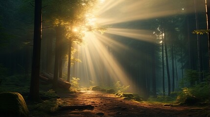 A sunbeam breaking through stormy clouds, casting a warm, ethereal light on a tranquil, mist-covered forest with dew-kissed leaves and a sense of hope - obrazy, fototapety, plakaty