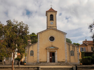 old church in main place of village of porquerolles island france panorama landscape