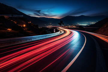 Mesmerizing beauty of light trails created through a long exposure shot on a winding road. Ai generated