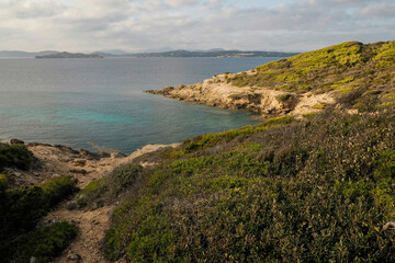 Langoustier red beach in porquerolles island france panorama landscape