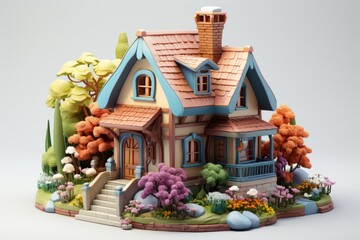 Tiny minimal cute house with a sloped roof, a cozy porch, and a flower-filled garden, Generative AI