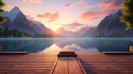 A tranquil lakeside view at sunrise, with a wooden yoga platform overlooking the calm water, where the reflection of the colorful sky and mountains sets a peaceful tone for yoga practice - obrazy, fototapety, plakaty