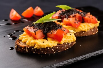 a side view of bruschetta with scrambled eggs, garnished with black sesame seeds
