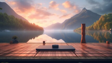 A tranquil lakeside view at sunrise, with a wooden yoga platform overlooking the calm water, where the reflection of the colorful sky and mountains sets a peaceful tone for yoga practice - obrazy, fototapety, plakaty