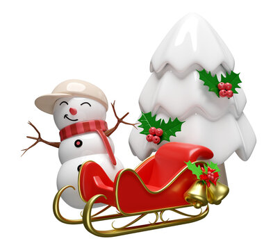 3d snowman with sleigh, pine tree,  hat, holly berry leaves, Jingle bell. merry christmas and happy new year, 3d render illustration