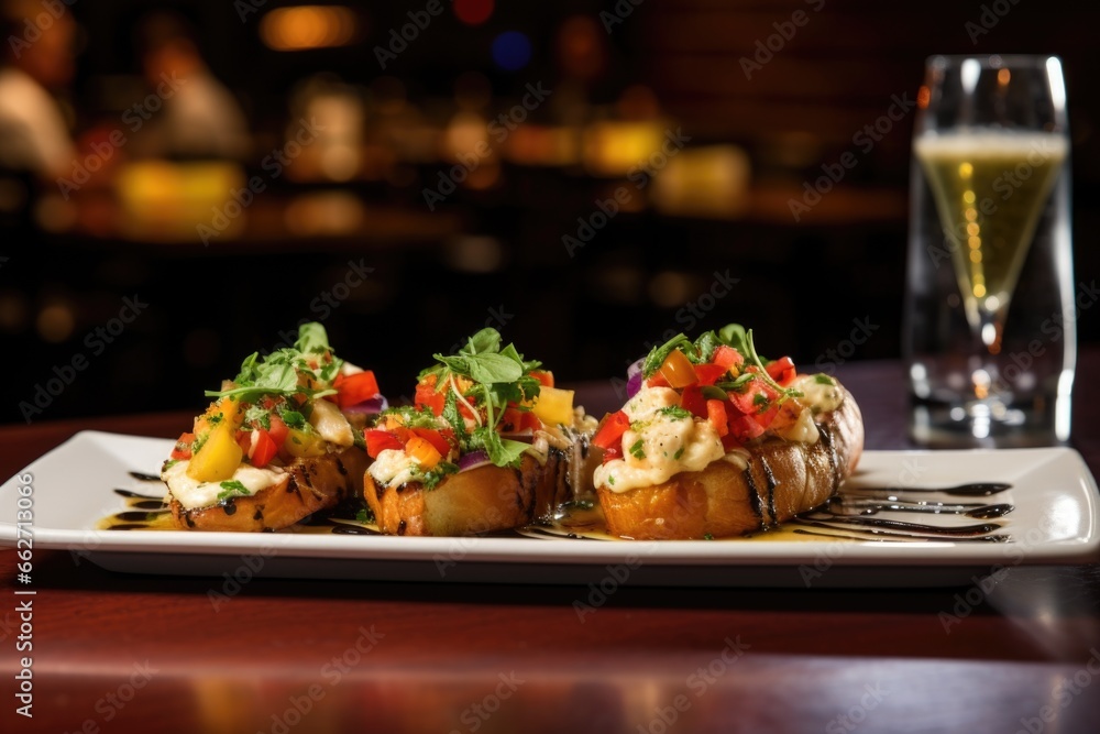 Canvas Prints trio of smoked gouda bruschetta under ambient restaurant lighting