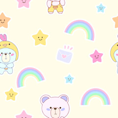 Cute Seamless pattern kawaii sweet animals cartoon character bear's elements for kid's paper textile clothes  on pink background with yellow stars  