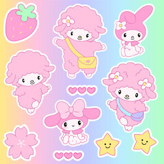 Big sticker set  cute cartoon pink bunny with melody, stars, rainbow on purple background. Kawaii sticker pack 