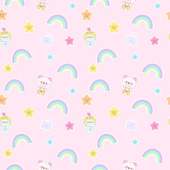 Cute Seamless pattern kawaii sweet animals cartoon character bear's elements for kid's paper textile clothes  on pink background with yellow stars  
