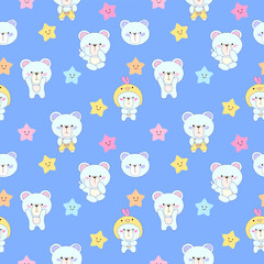 Cute Seamless pattern kawaii sweet animals cartoon character bear's elements for kid's paper textile clothes pink yellow stars on blue background for boys 