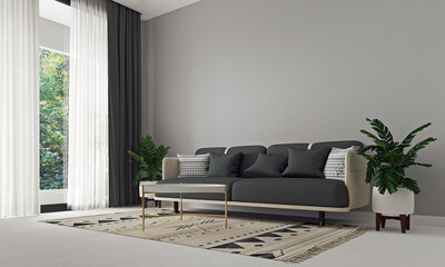Grey sofa and grey pillows against empty grey wall background. Minimalist style home interior design of modern living room. 3d rendering.