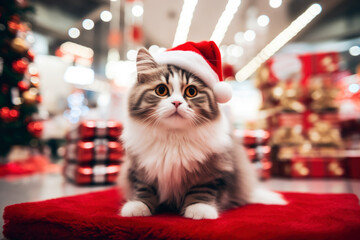 A cut cat wearing a Santa Claus hat in a shopping mall full of Christmas presents and decorations
