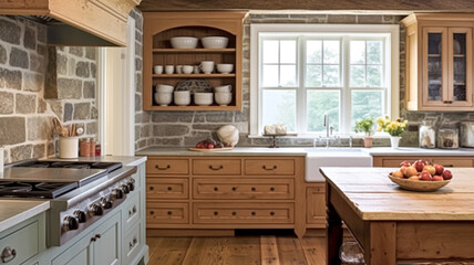 Cottage kitchen decor, interior design and country house, wooden in frame kitchen cabinetry, sink, stove and stone countertop, English countryside style