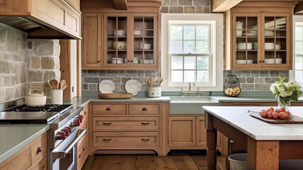 Cottage kitchen decor, interior design and country house, wooden in frame kitchen cabinetry, sink, stove and stone countertop, English countryside style