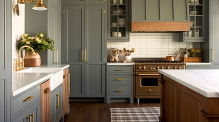 Muted grey modern cottage kitchen decor, interior design and country house, in frame kitchen cabinetry, sink, stove and countertop, English countryside style