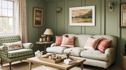 Cottage sitting room, green living room interior design and country house home decor, art gallery wall, sofa and lounge furniture, English countryside style