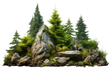 Cutout rock or stone surrounded by fir trees isolated on a transparent background , Decoration garden design - obrazy, fototapety, plakaty