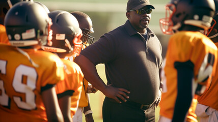 Elementary school African American coach playing American football with his students.

 - obrazy, fototapety, plakaty