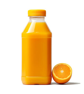 Orange juice in a plastic bottle with sliced fresh orange