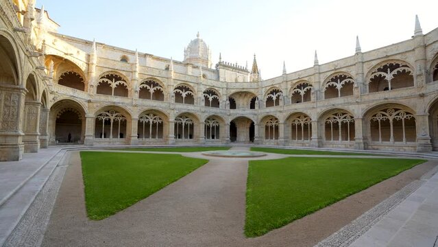 The inner courtyard of the Jeronimos Monastery in Lisbon, Portugal. 4k video, 50 fps. video made on October 6, 2023.