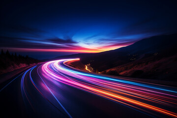 Mesmerizing beauty of light trails created through a long exposure shot on a winding road. Ai generated