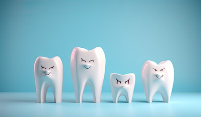Four teeth with different facial expressions on a blue background. Concept of advertising dentist and healthy teeth.