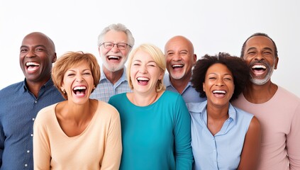 A group of joyful people of different races and ages happily laughing on a white background. Concept of advertising dentist and healthy teeth. - obrazy, fototapety, plakaty