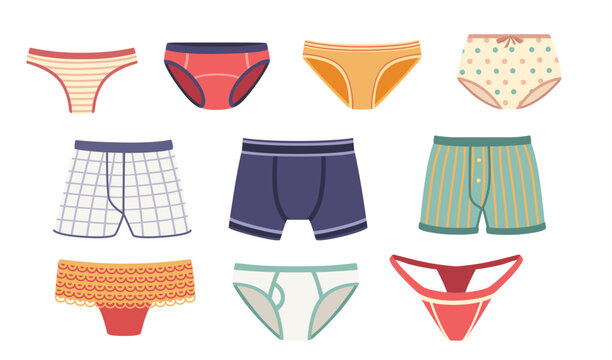 Collection of men and women underpants classic and modern style vector illustration isolated on white background