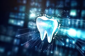 An image of a tooth with technological elements against a backdrop of digital data. Concept of advertising dentist and healthy teeth.