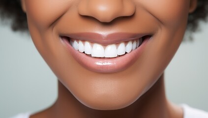 An adult dark-skinned person with perfectly white teeth smiling against a gray background. Concept of advertising dentist and healthy teeth.