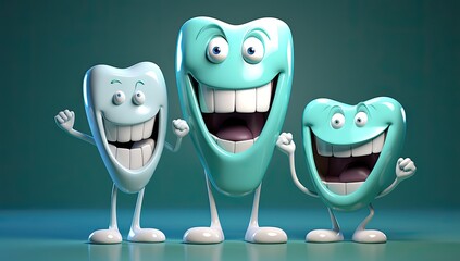 Three cheerful animated teeth on a dark green background. Concept of advertising dentist and healthy teeth.