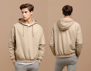 Front and back view of a beige hoodie mockup for design print