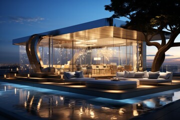  Boutique minimal hotel with a rooftop bar, lounge seating, and a starry night sky overhead, Generative AI