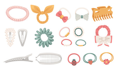 Set of hair pins and scrunchy hair accessory vector illustration isolated on white background