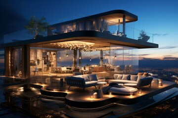 Obraz premium Boutique minimal hotel with a rooftop bar, lounge seating, and a starry night sky overhead, Generative AI